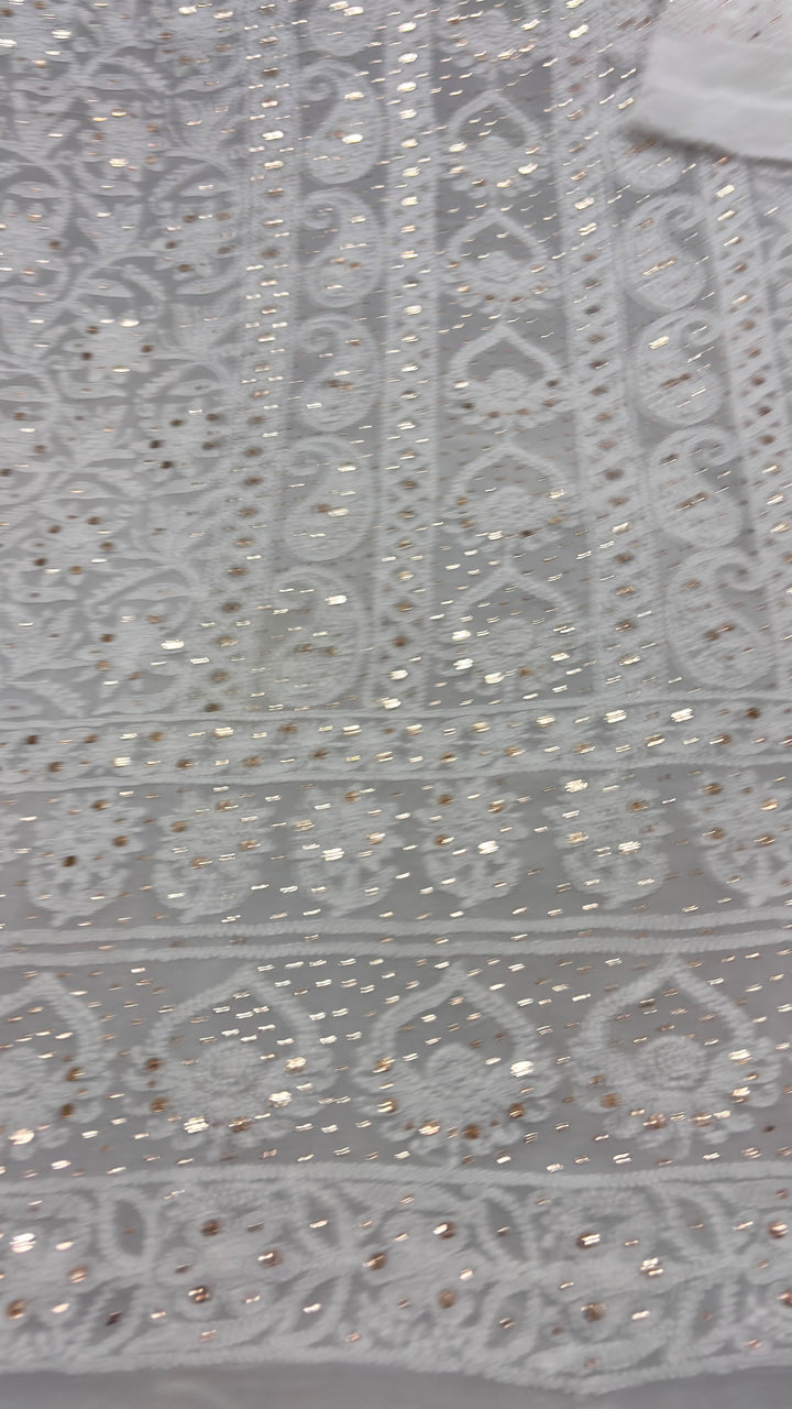 Pure Viscose Georgette Chikankari And Mukesh Work Unstitched Suit.