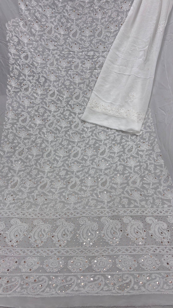 Pure Viscose Georgette Chikankari And Mukesh Work Unstitched Suit.