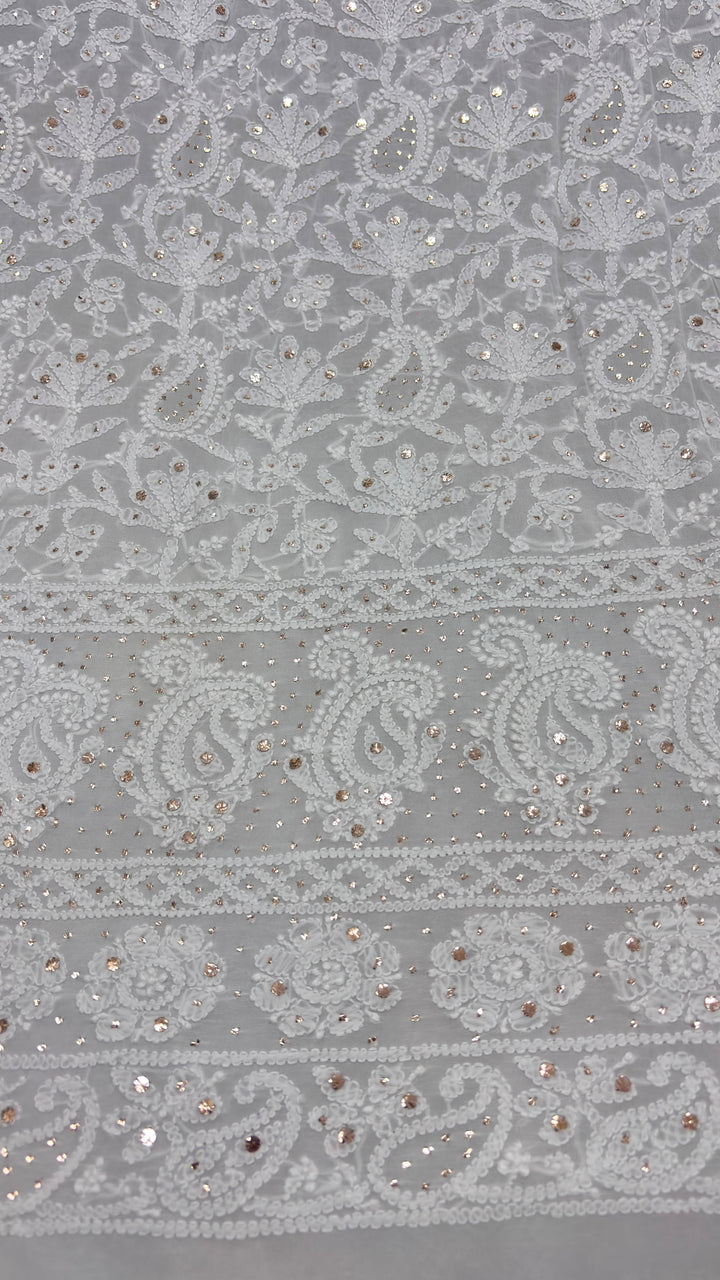 Pure Viscose Georgette Chikankari And Mukesh Work Unstitched Suit.