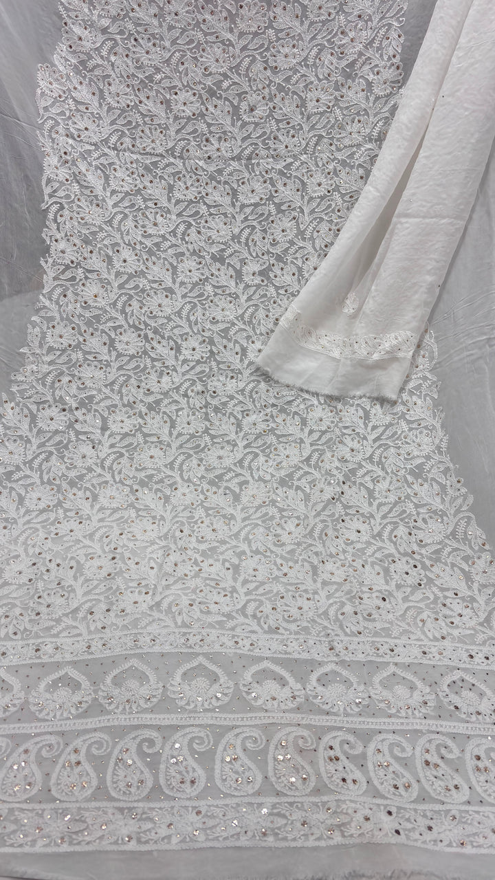Pure Viscose Georgette Chikankari And Mukesh Work Unstitched Suit.