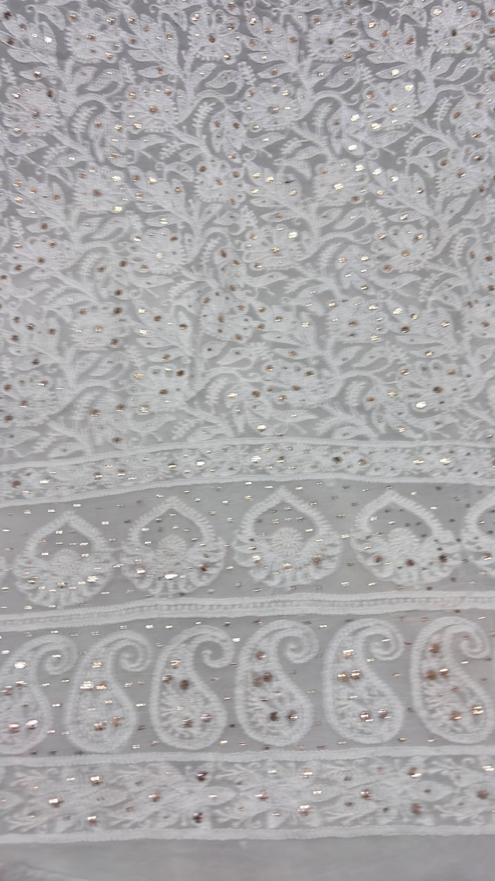 Pure Viscose Georgette Chikankari And Mukesh Work Unstitched Suit.