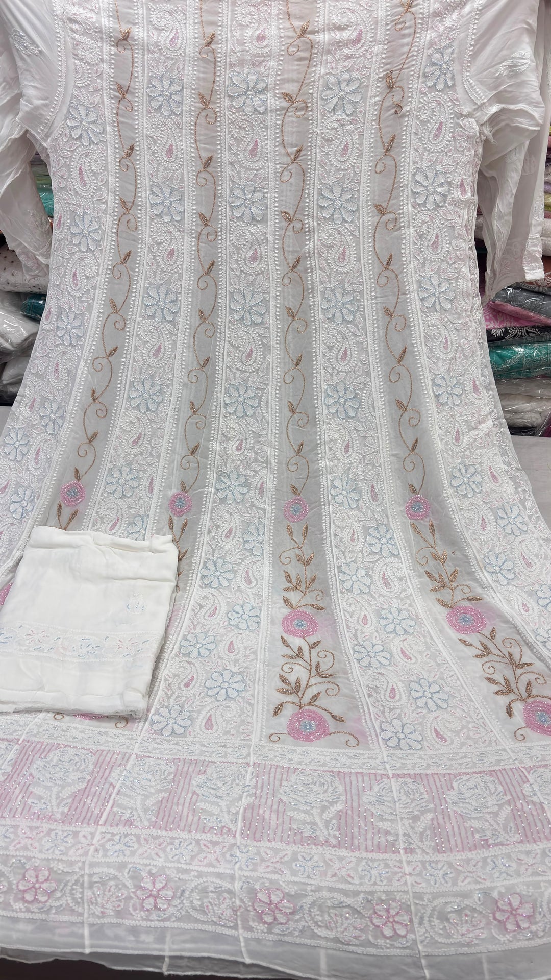 Pure Viscose Georgette ChikankarI And Multi Cutdana Work Anrkali Unstitched Suit.