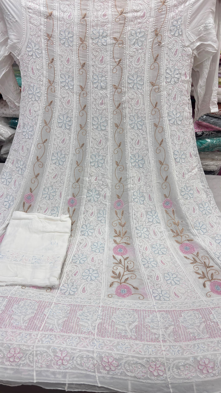 Pure Viscose Georgette ChikankarI And Multi Cutdana Work Anrkali Unstitched Suit.