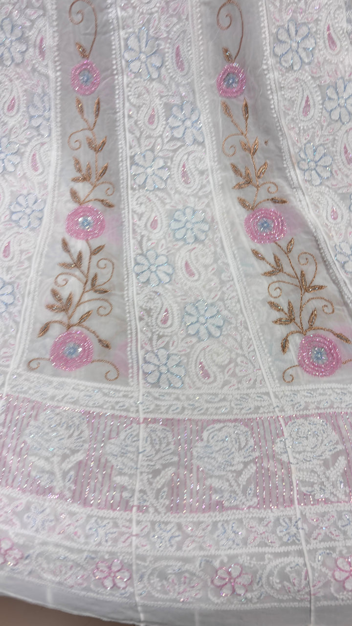 Pure Viscose Georgette ChikankarI And Multi Cutdana Work Anrkali Unstitched Suit.