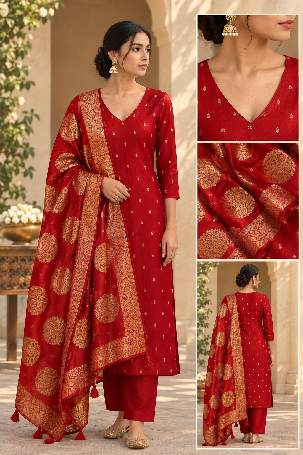 Pure Banarasi Chanderi Silk Suit in Red Color