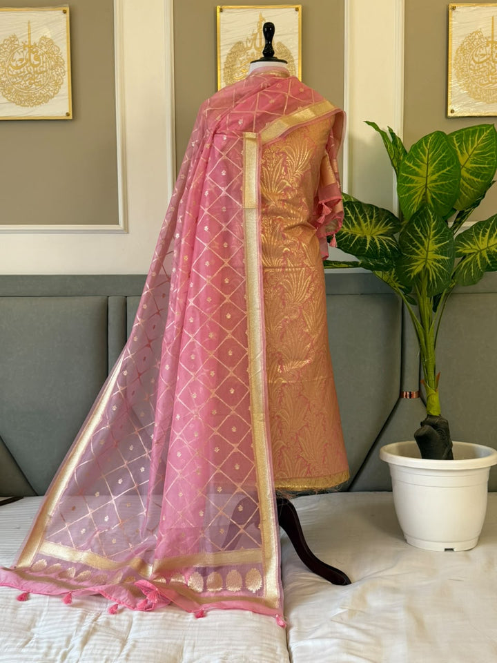 Banarasi Brocade Unstitched Suit With Organza Lorex Zari Weaved Dupatta.