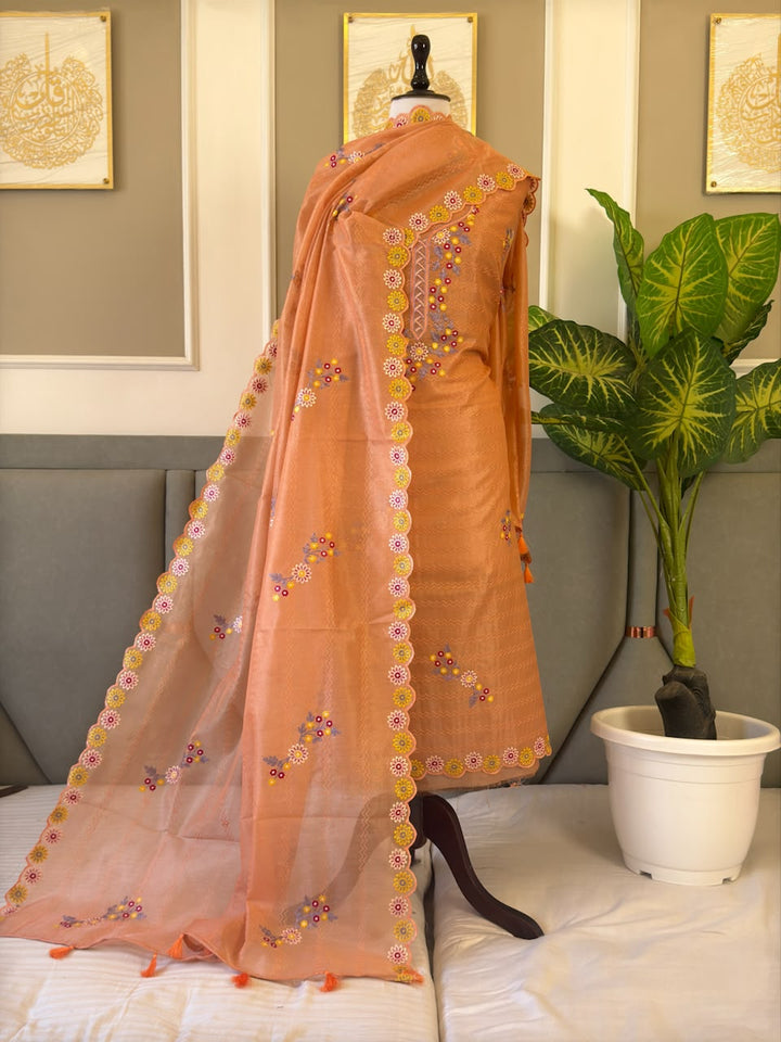 Exclusive Tissue Silk Embroidery Work Unstitched Suit .