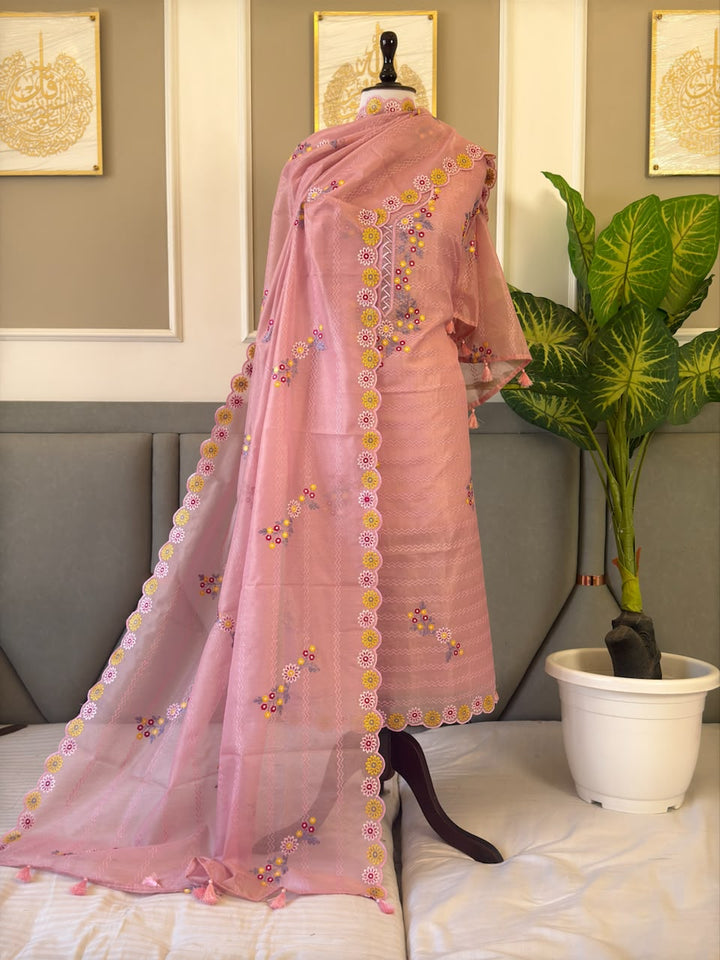 Exclusive Tissue Silk Embroidery Work Unstitched Suit .