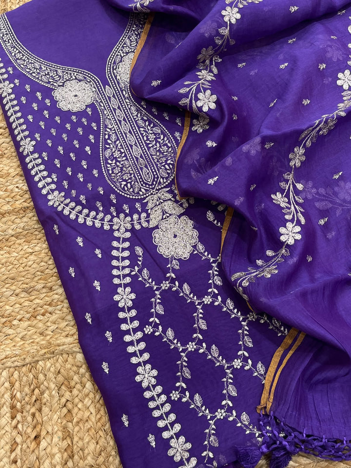 Pure Banarasi Resham Mul Chanderi Silk Unstitched Suit .