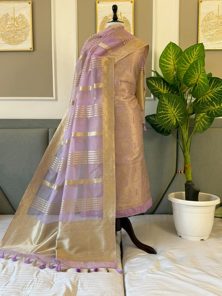 Banarasi Brocade Unstitched Suit With Organza Zari Weaved Dupatta.