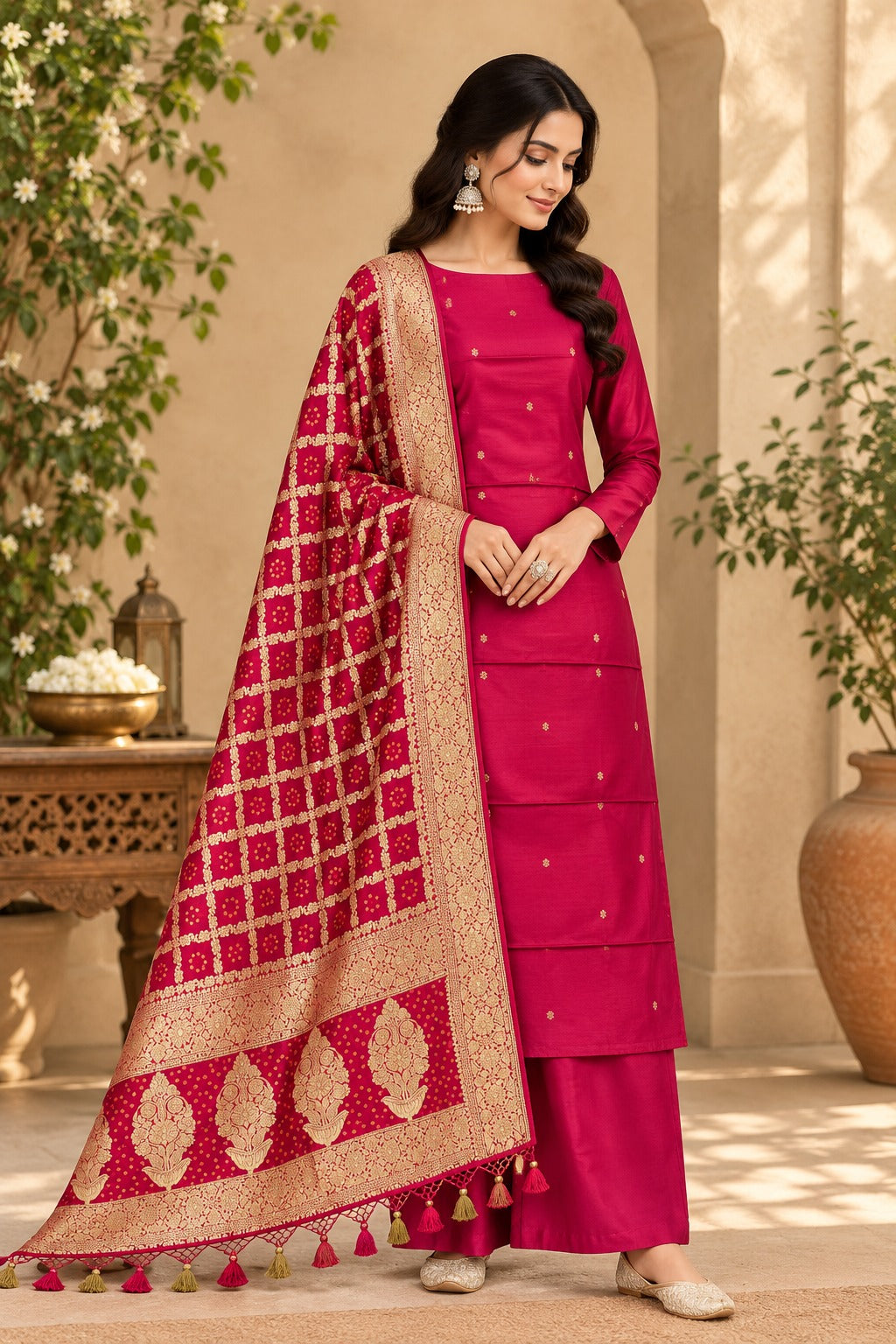 Pure Banarasi Chanderi Silk Suit With Georgette Bandhani Dupatta