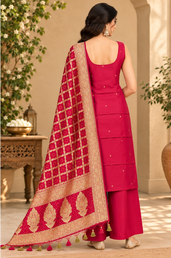 Pure Banarasi Chanderi Silk Suit With Georgette Bandhani Dupatta