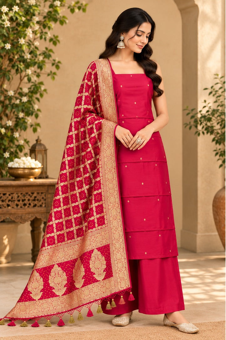 Pure Banarasi Chanderi Silk Suit With Georgette Bandhani Dupatta