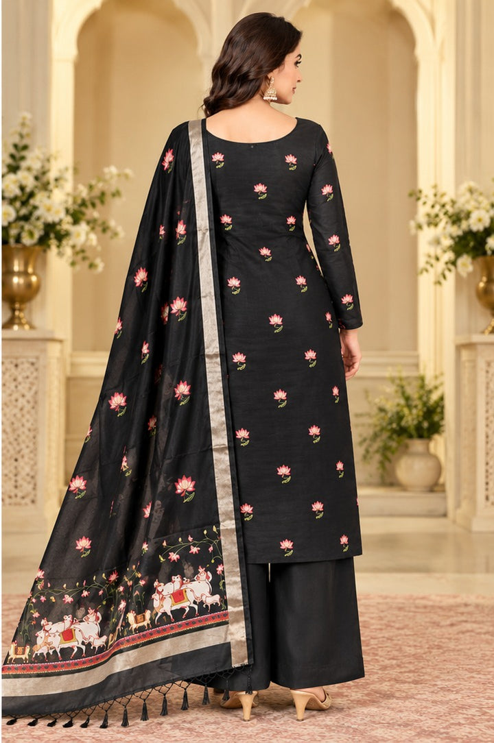 Pure Banarasi Chanderi Silk Suit With Pichwai Work In Black