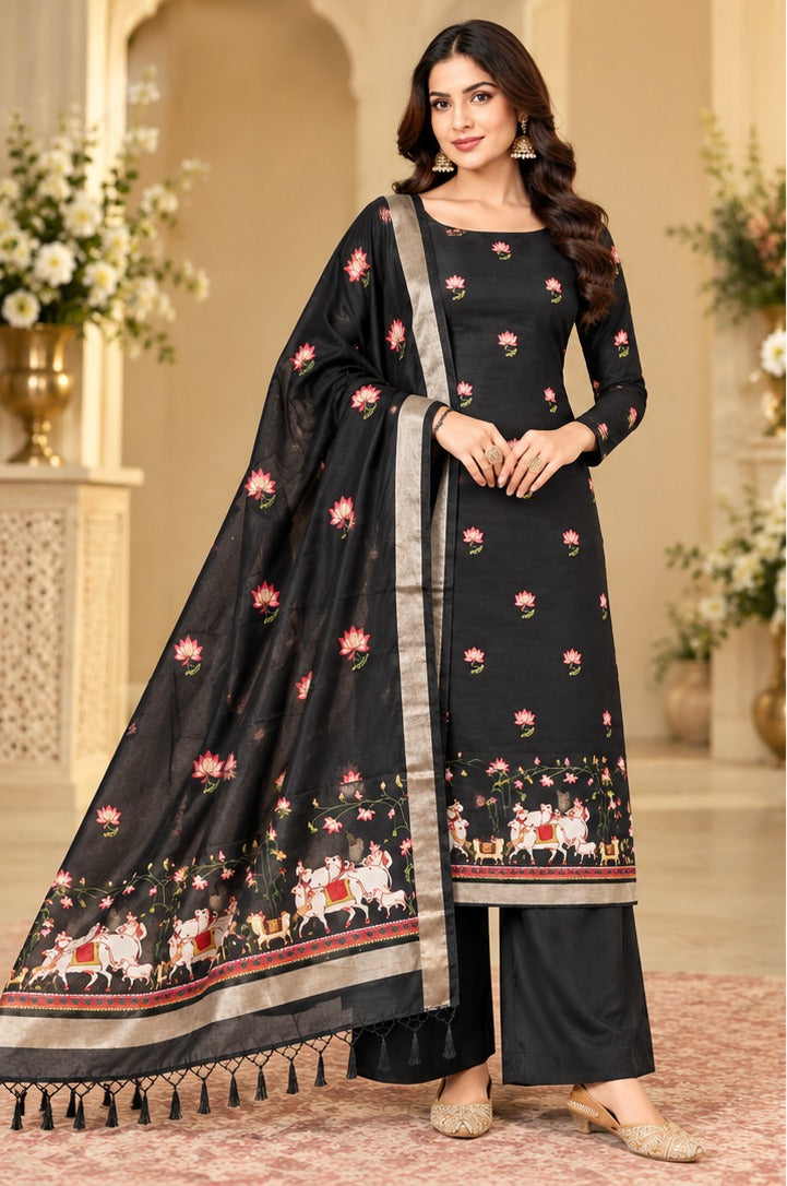Pure Banarasi Chanderi Silk Suit With Pichwai Work In Black
