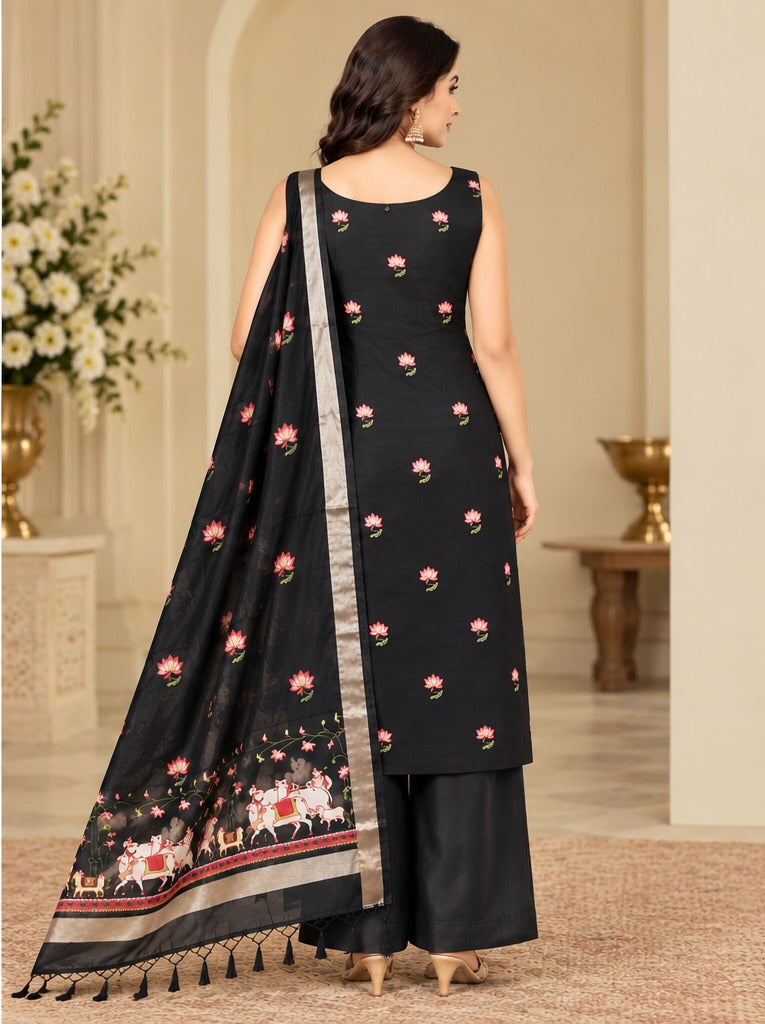 Pure Banarasi Chanderi Silk Suit With Pichwai Work In Black