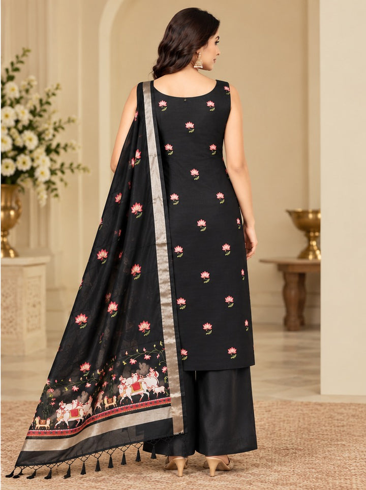 Pure Banarasi Chanderi Silk Suit With Pichwai Work In Black