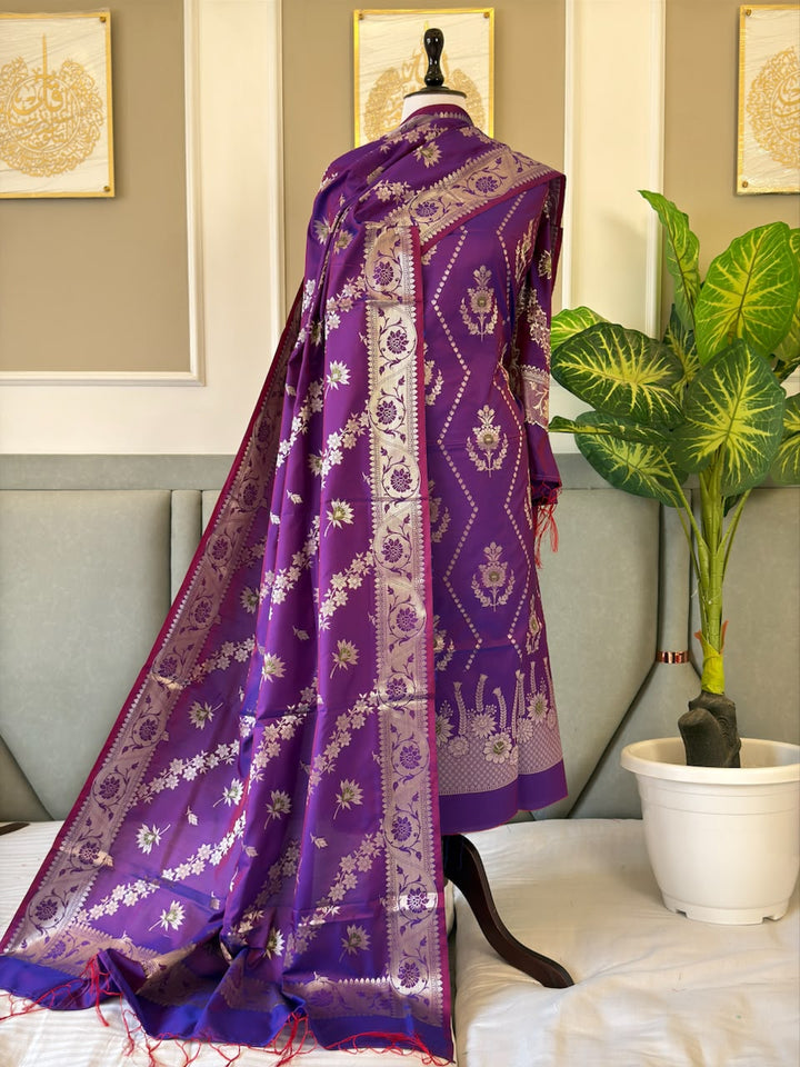 Banarasi Soft Silk Unstitched Suit with Jaal Dupatta.