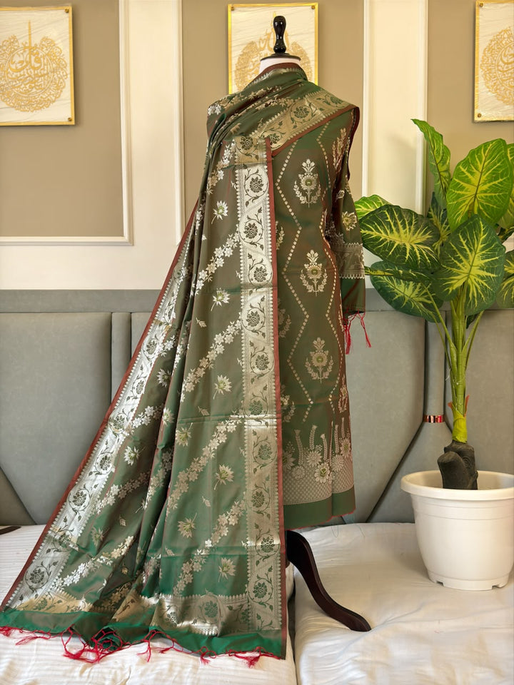 Banarasi Soft Silk Unstitched Suit With Zari Work Dupatta.