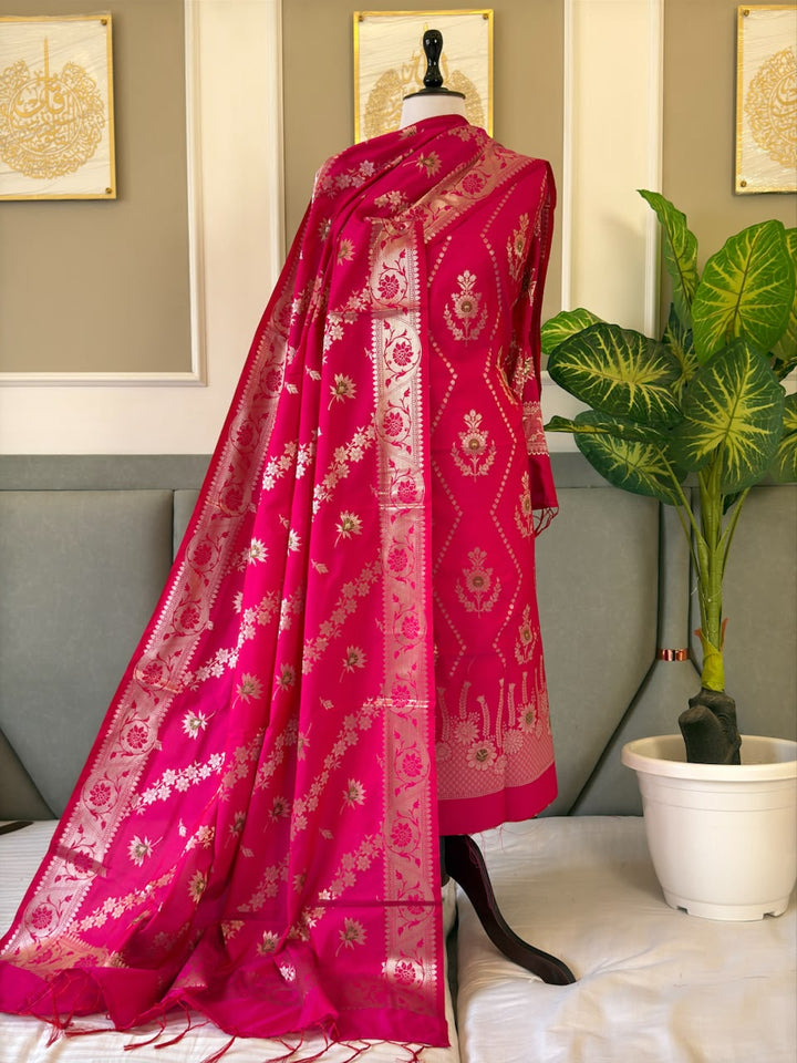 Banarasi Soft Silk Unstitched Suit With Zari Work Dupatta.