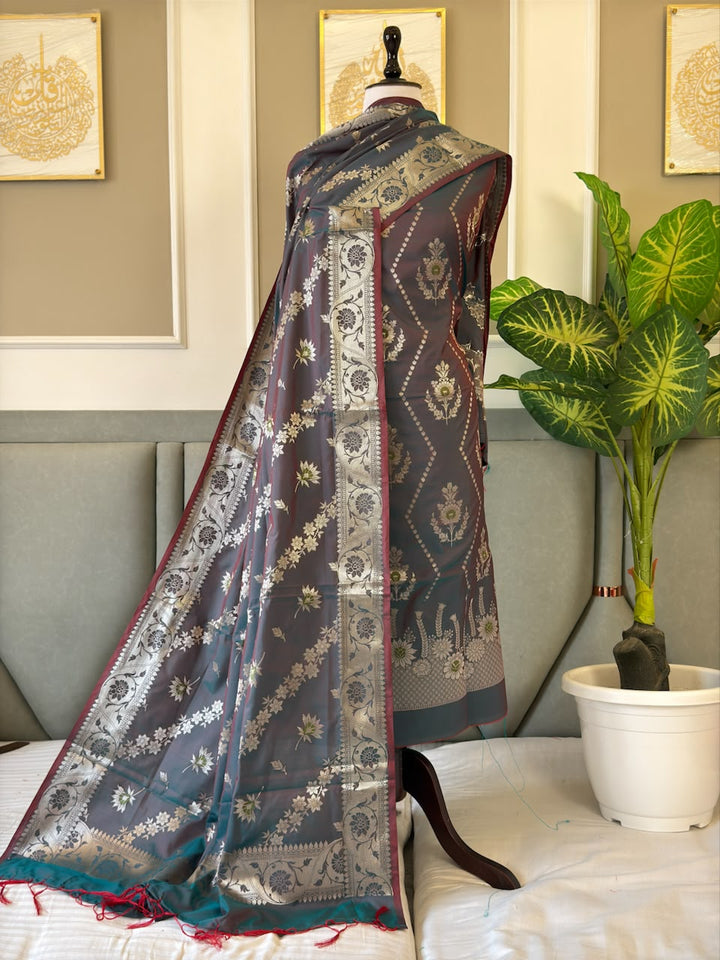 Banarasi Soft Silk Unstitched Suit With Zari Work Dupatta.