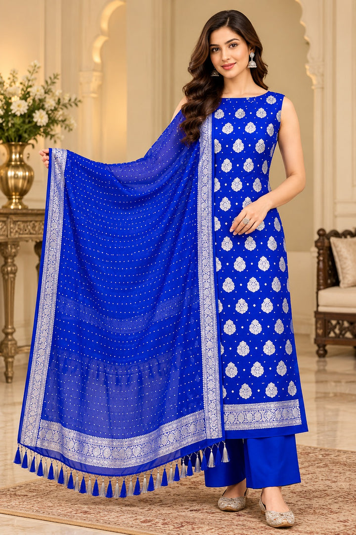 Pure Khaddi Chiffon Silk Suit in Blue Color