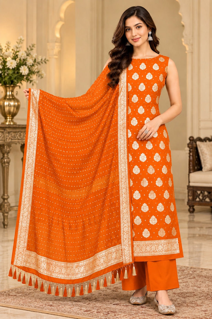 Pure Khaddi Chiffon Silk Suit in Orange Color