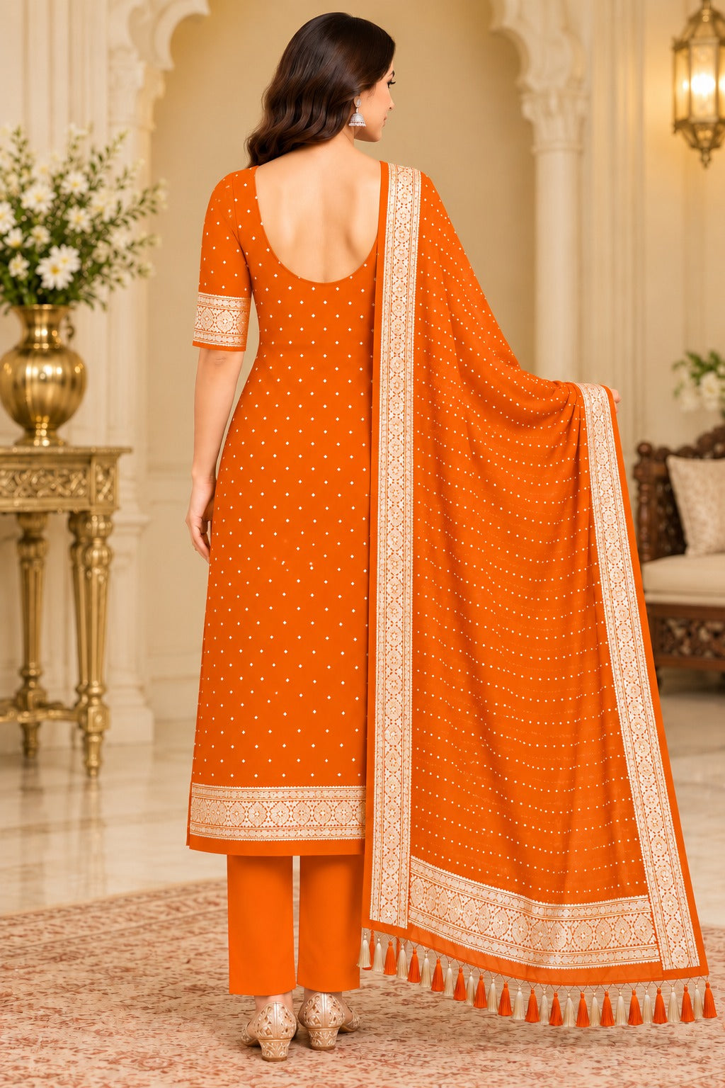 Pure Khaddi Chiffon Silk Suit in Orange Color