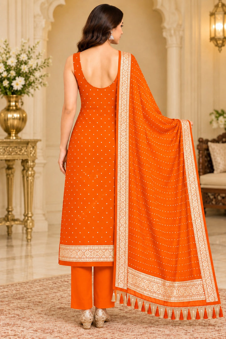 Pure Khaddi Chiffon Silk Suit in Orange Color