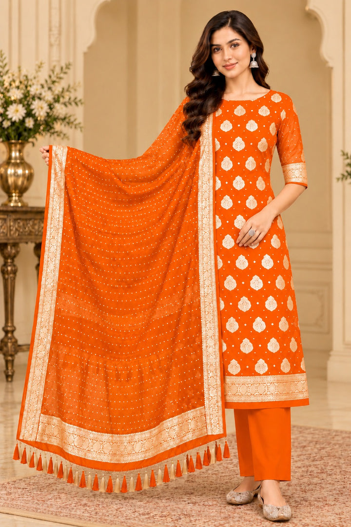 Pure Khaddi Chiffon Silk Suit in Orange Color