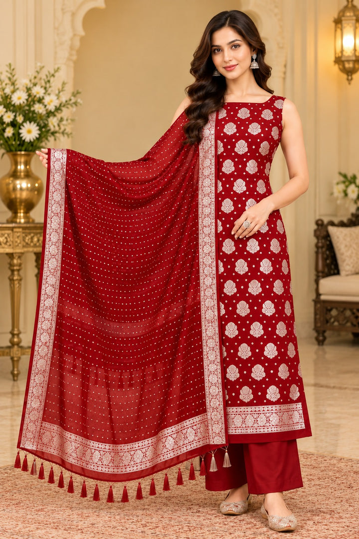 Pure Khaddi Chiffon Silk Suit in Red Color