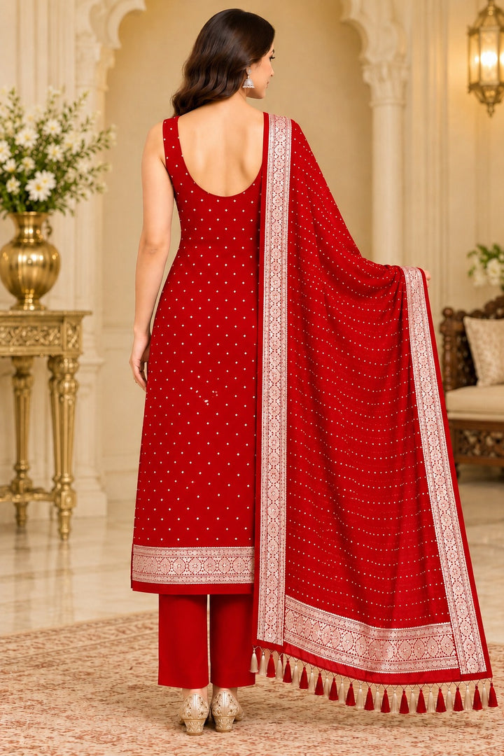 Pure Khaddi Chiffon Silk Suit in Red Color