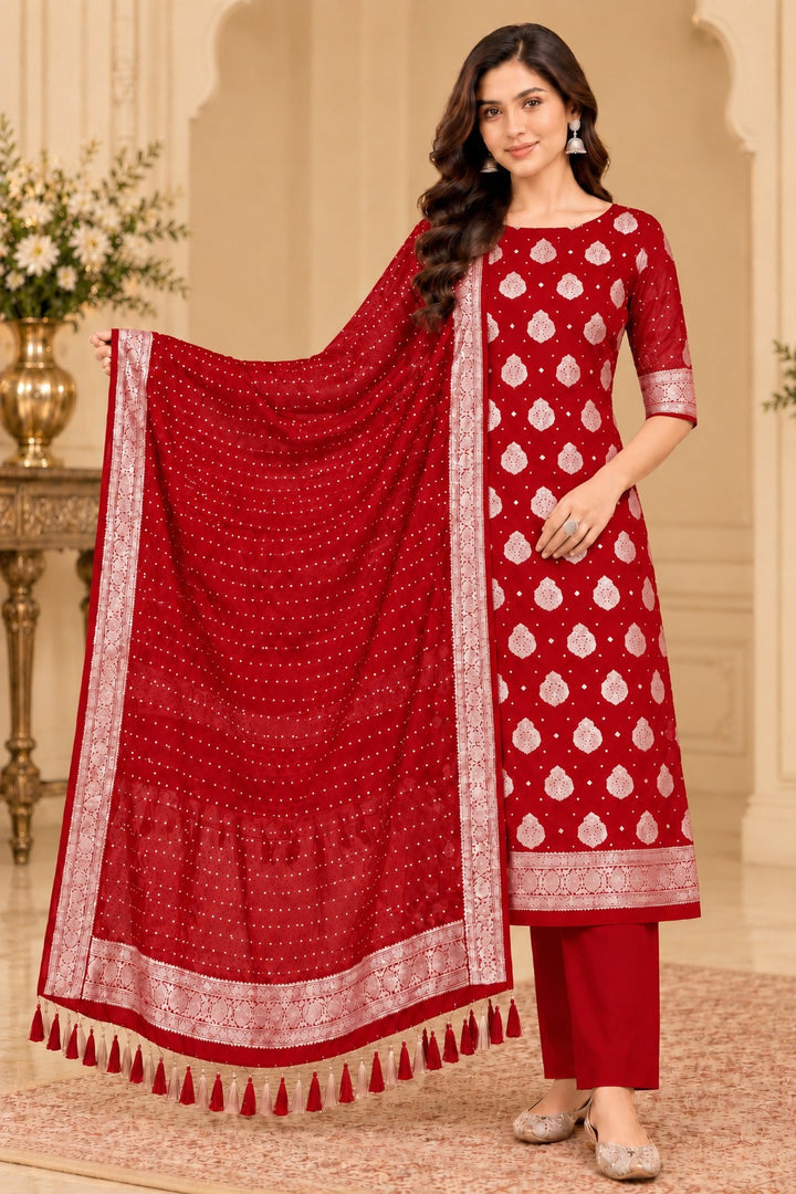 Pure Khaddi Chiffon Silk Suit in Red Color