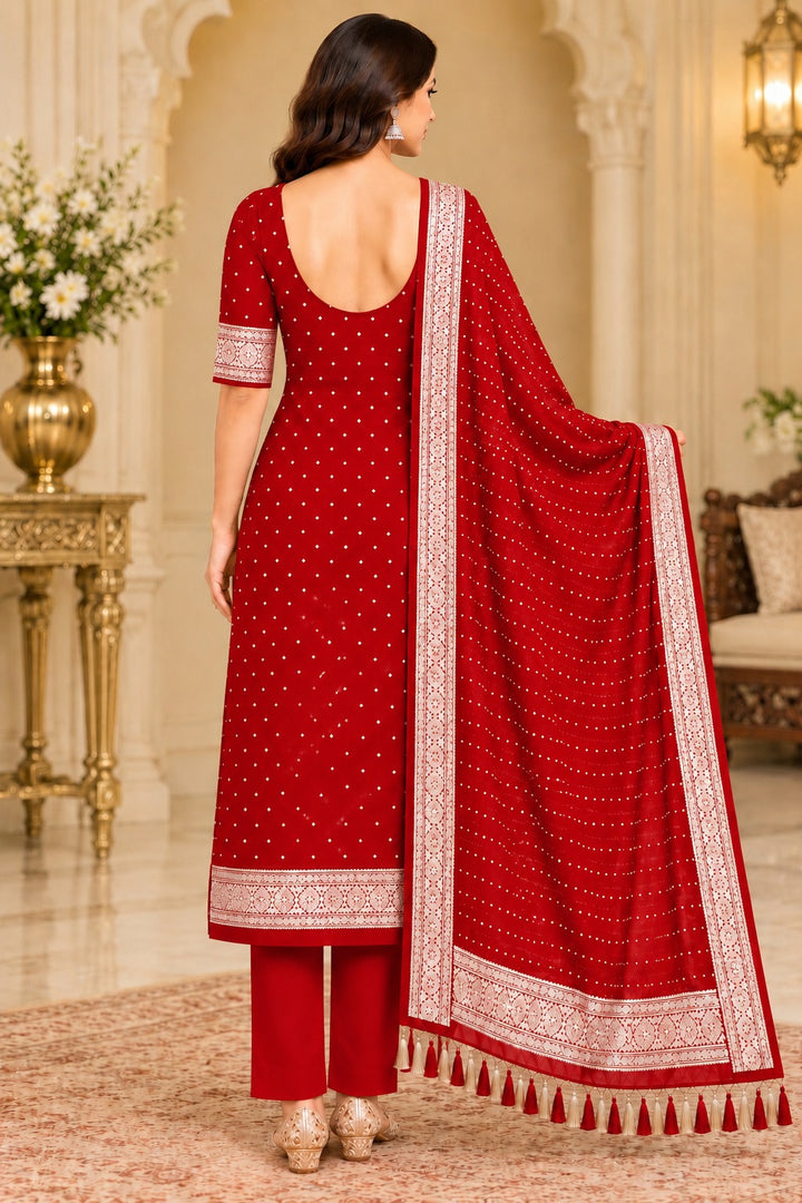 Pure Khaddi Chiffon Silk Suit in Red Color