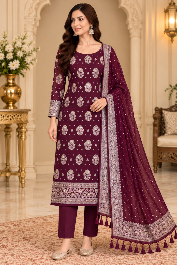 Pure Khaddi Chiffon Silk Suit in Wine Color