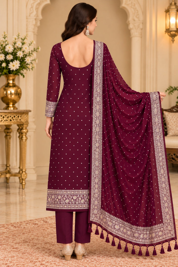 Pure Khaddi Chiffon Silk Suit in Wine Color