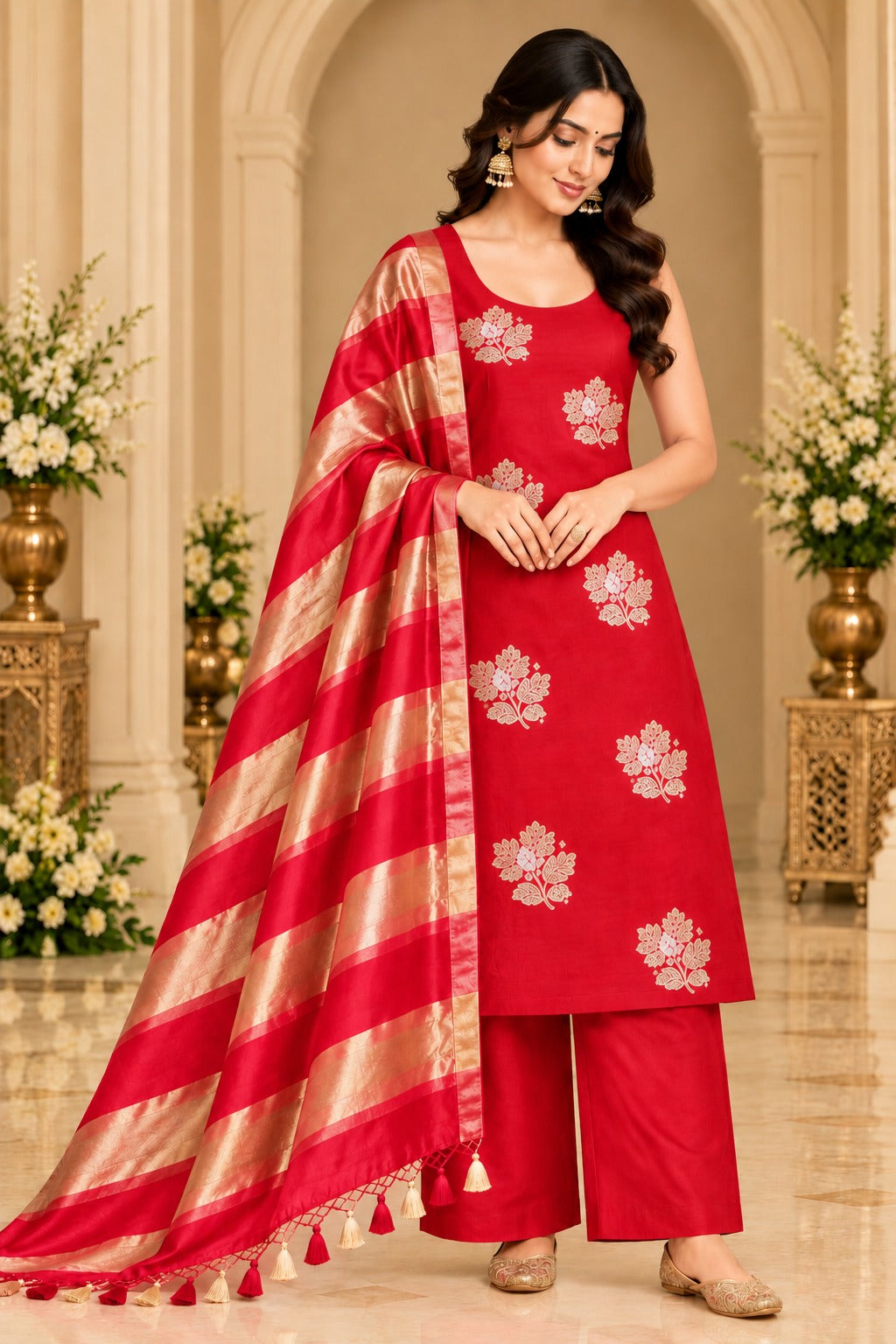 Pure Banarasi Chanderi Silk Suit With Tissue Dupatta in Red color