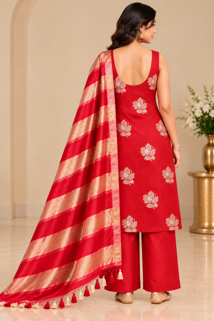 Pure Banarasi Chanderi Silk Suit With Tissue Dupatta in Red color
