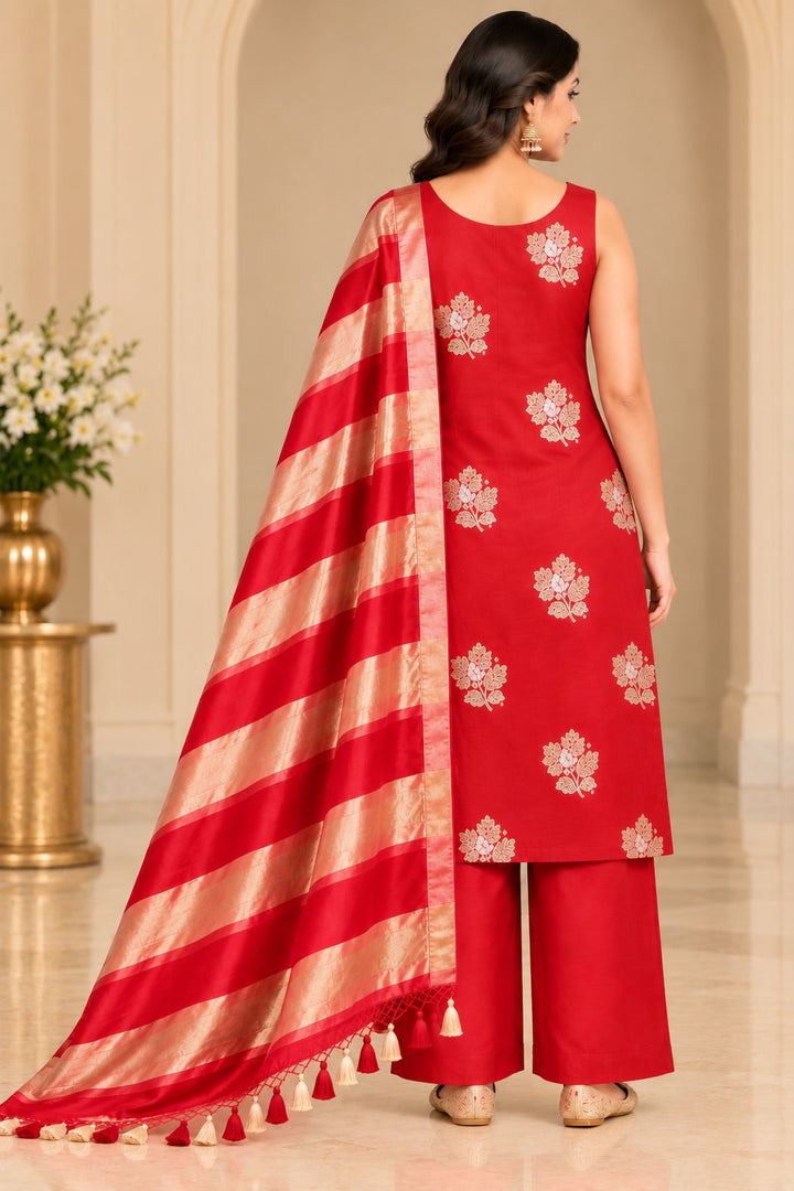 Pure Banarasi Chanderi Silk Suit With Tissue Dupatta in Red color