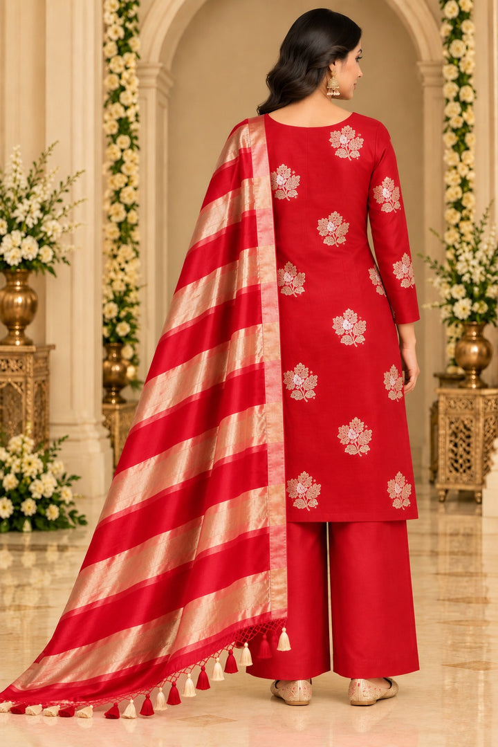 Pure Banarasi Chanderi Silk Suit With Tissue Dupatta in Red color