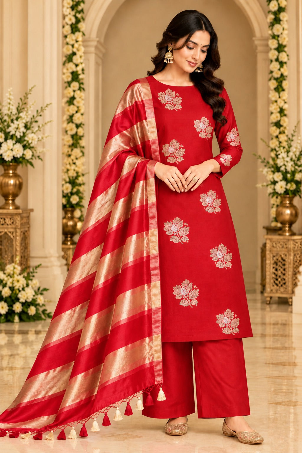Pure Banarasi Chanderi Silk Suit With Tissue Dupatta in Red color