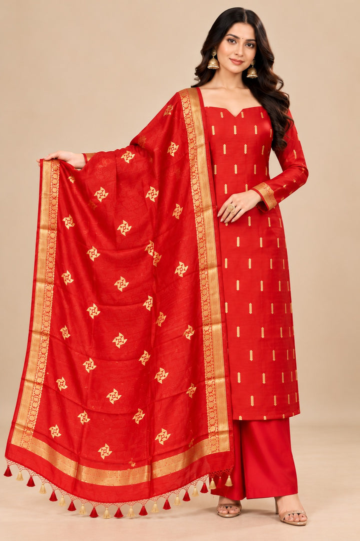 Pure Banarasi Chanderi Silk Suit in Red