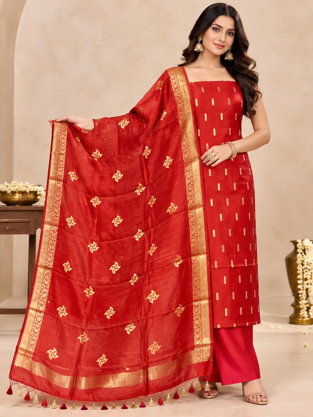 Pure Banarasi Chanderi Silk Suit in Red