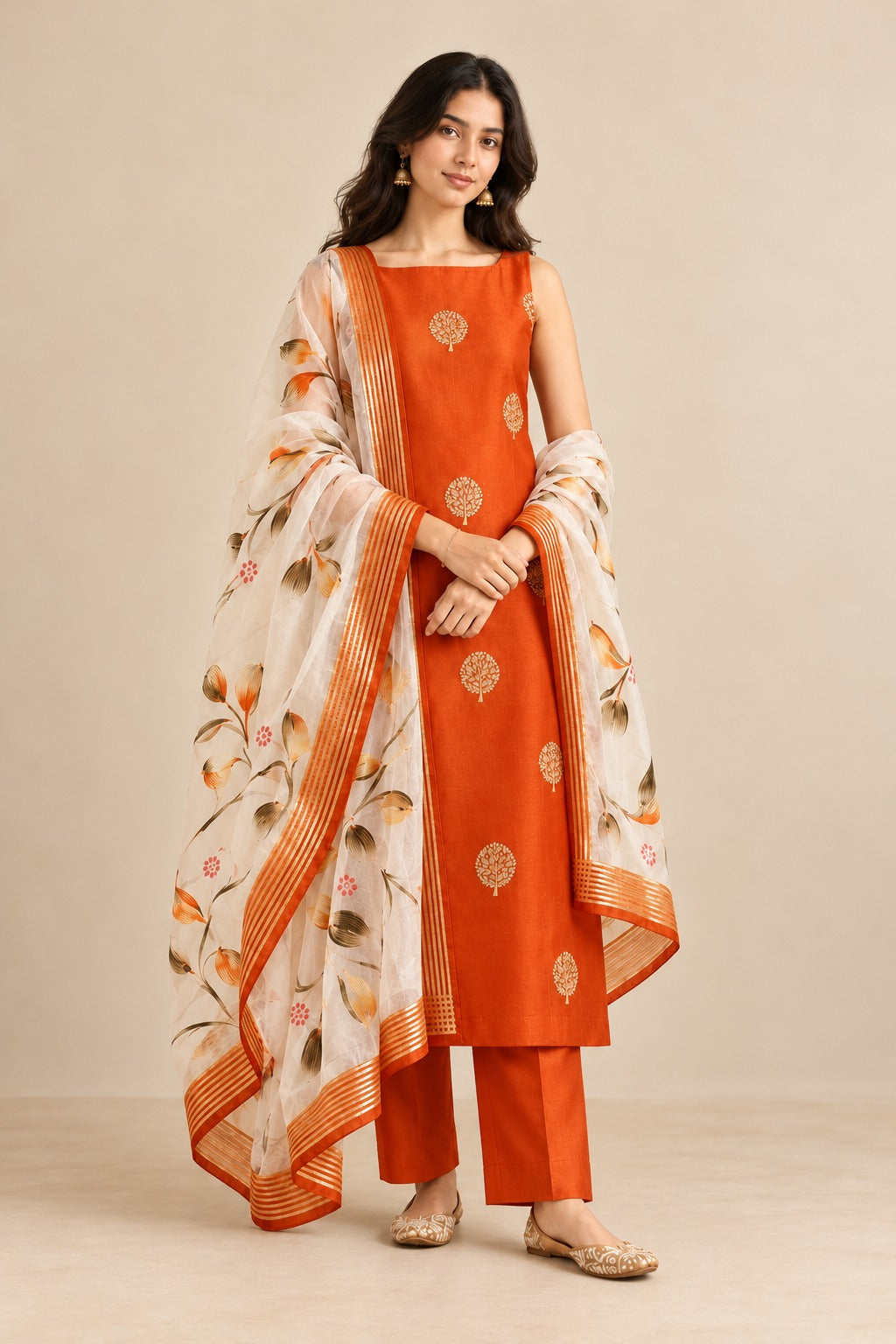 Pure Banarasi Chanderi Silk Suit With Hand Painted Organza Silk Dupatta