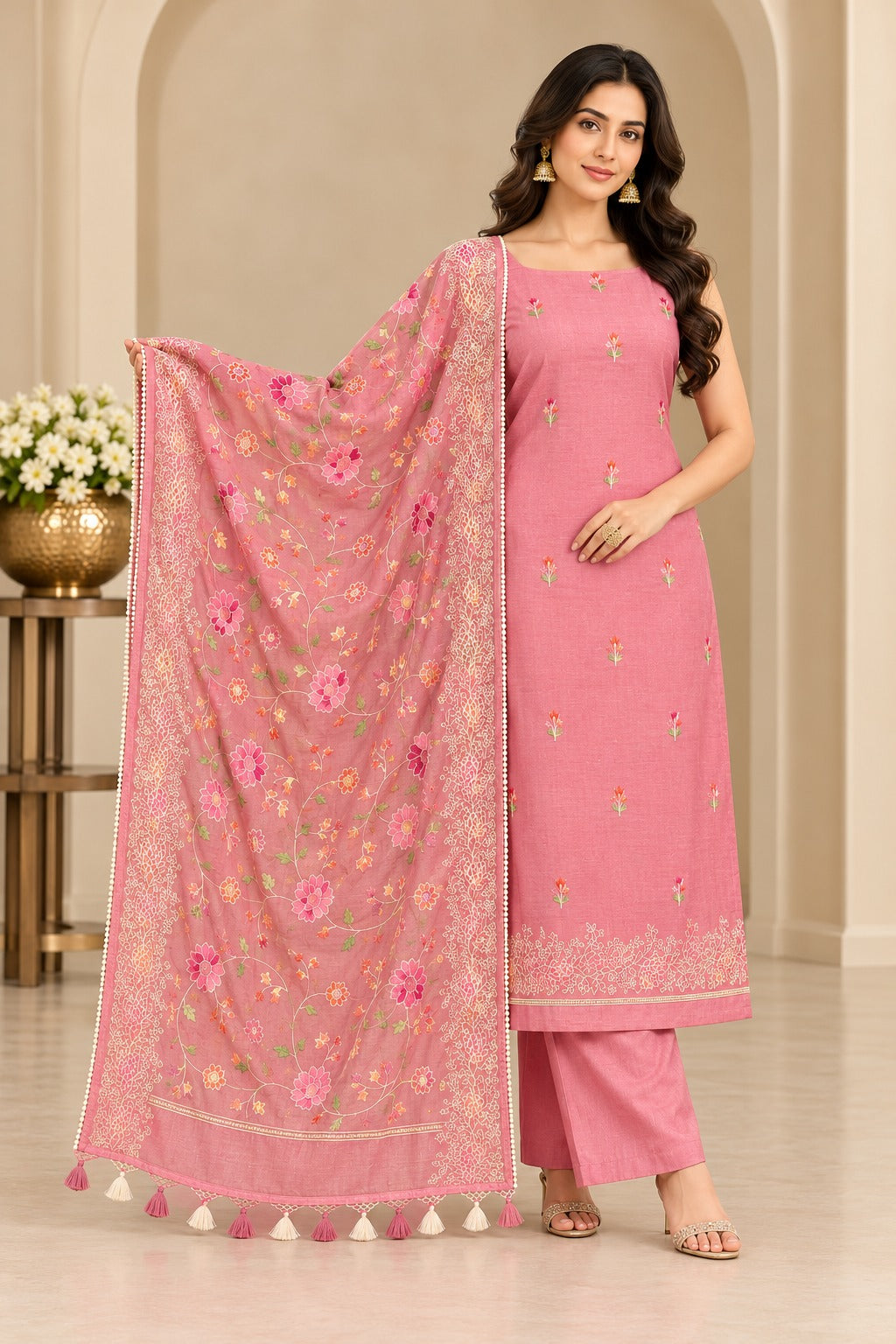 Pure Banarasi Chanderi Silk Suit in Peach Color