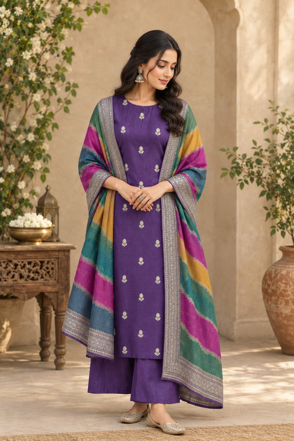 Pure Banarasi Moonga Silk Suit with Khaddi georgette Rangkat Dupatta