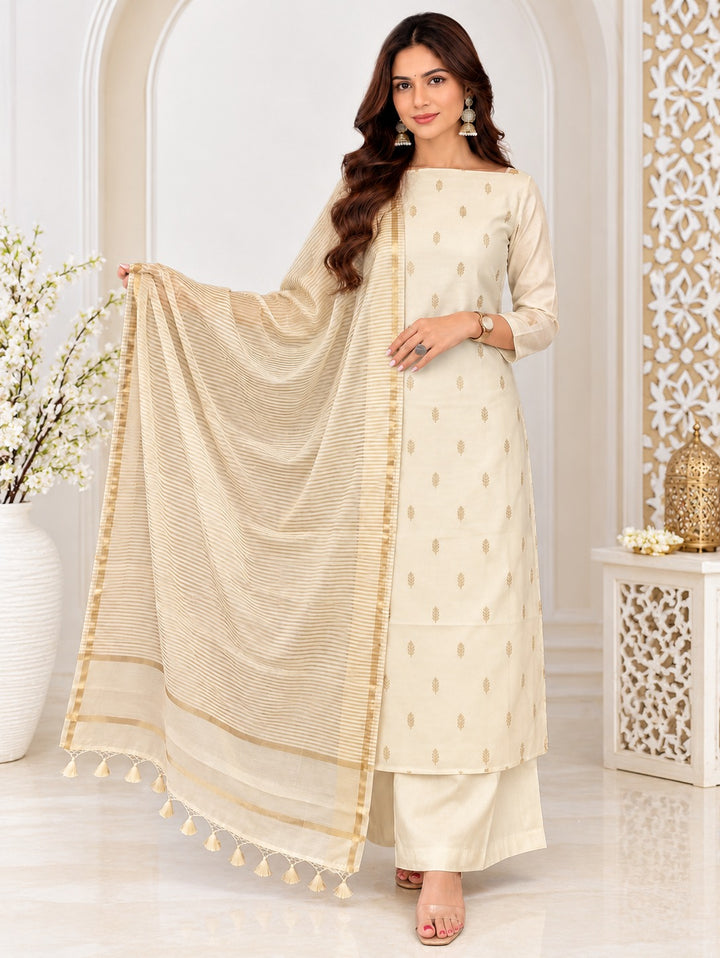 Pure Banarasi Chanderi Silk Suit in Beige Color