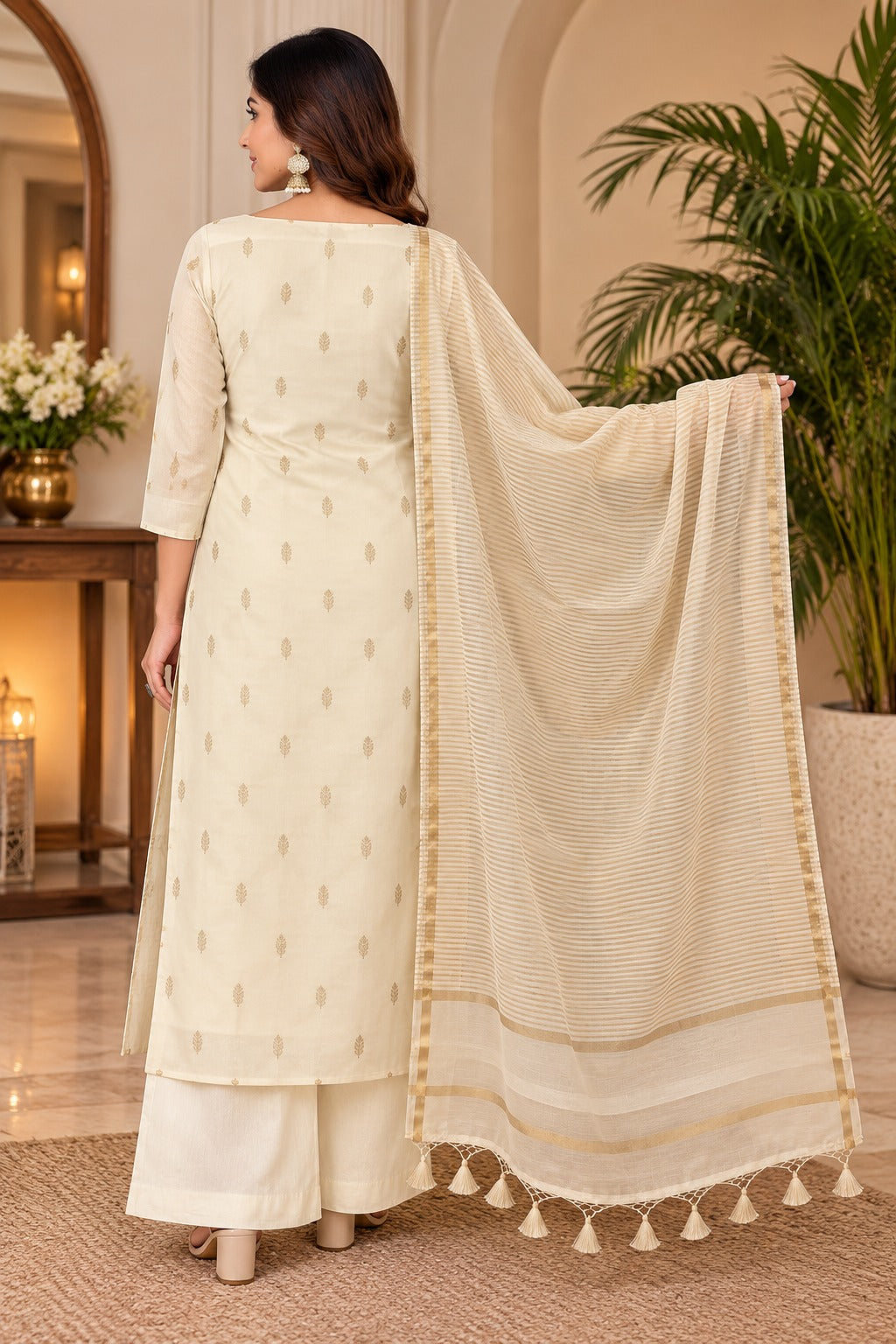 Pure Banarasi Chanderi Silk Suit in Beige Color