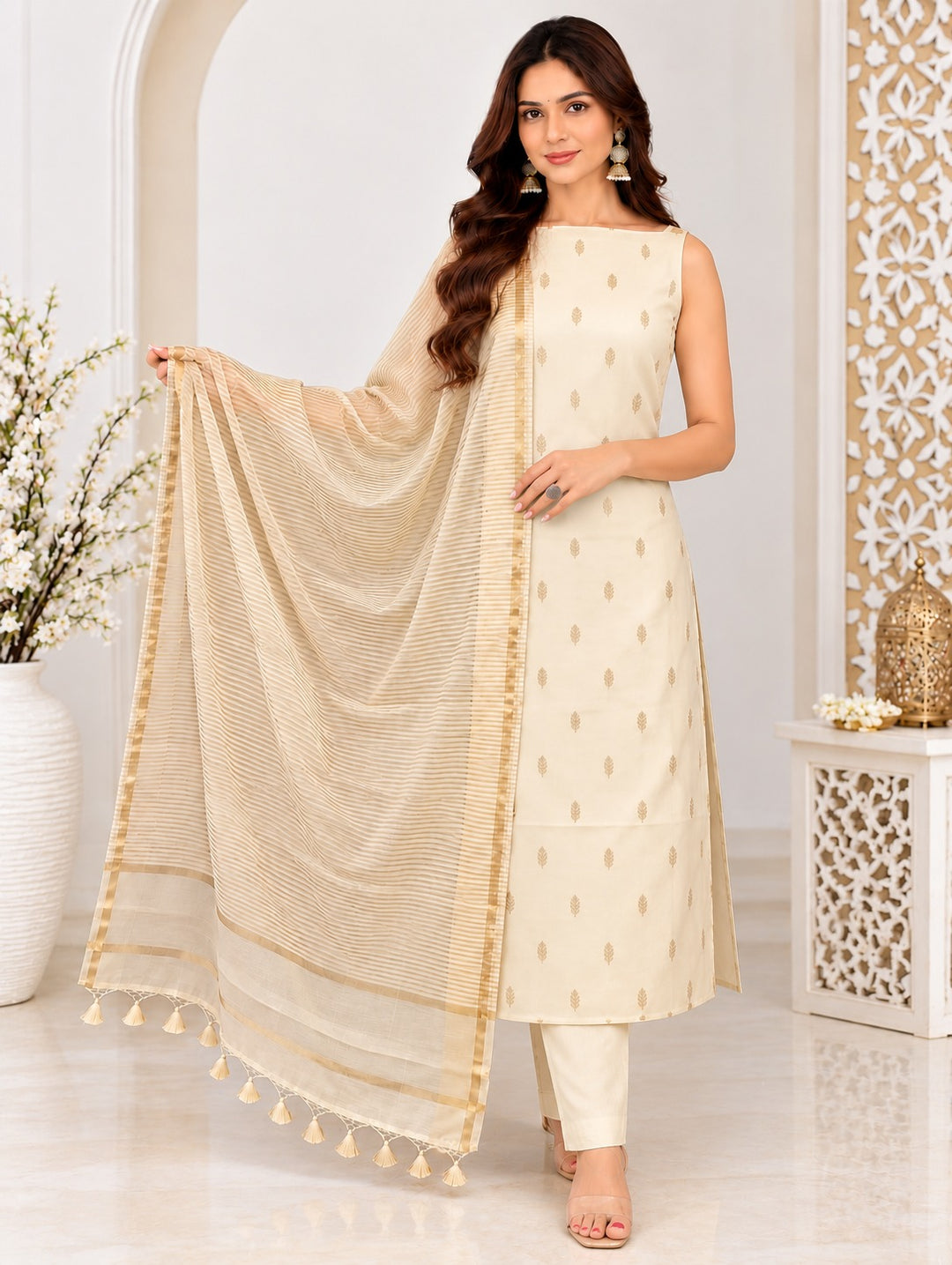 Pure Banarasi Chanderi Silk Suit in Beige Color