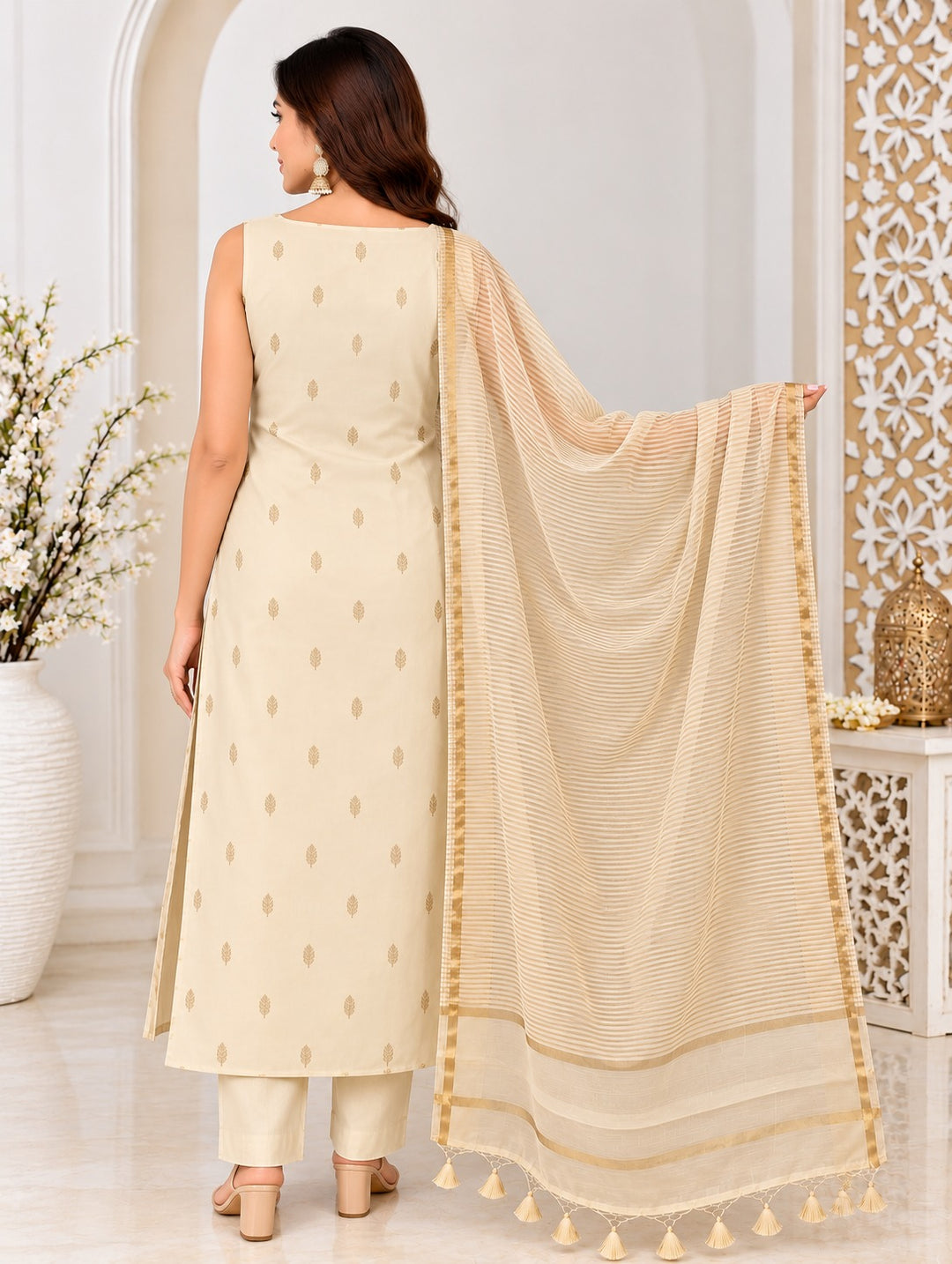 Pure Banarasi Chanderi Silk Suit in Beige Color